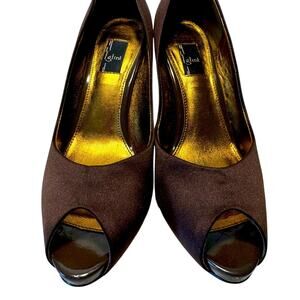 Chocolate Brown Satin Glint Designer Peep Toe Heel Womens 8.5 Leather Sole Party